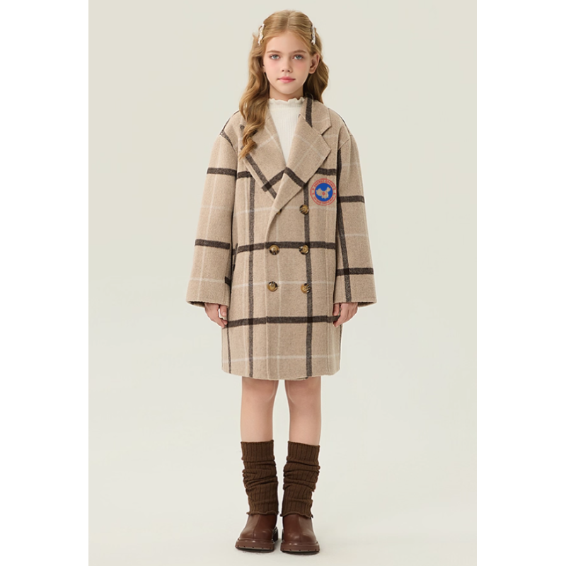 New Arrivals Khaki Energy Goose Suit Collar Kid's Wool Plaid Coat Elite Baby Style Online for Sale