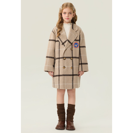 New Arrivals Khaki Energy Goose Suit Collar Kid's Wool Plaid Coat Elite Baby Style Online for Sale