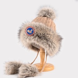 Original Outdoor Khaki Energy Goose Mongolian Kid's Knit Lei Feng Fur Hat Online for Sale