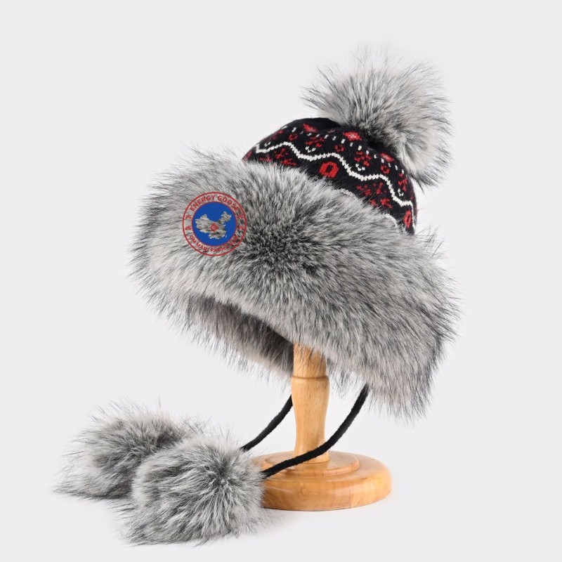 Original Beige Coffee Energy Goose Stripes Kid's Knit Lei Feng Fur Hat Online for Sale