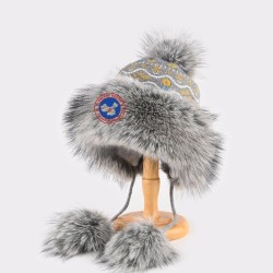 Original Beige Coffee Energy Goose Stripes Kid's Knit Lei Feng Fur Hat Online for Sale