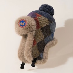 Original Outdoor Purple Red Energy Goose Grid Kid's Knit Lei Feng Fur Hat Online for Sale