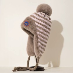 Original Outdoor Beige Coffee Energy Goose Stripes Kid's Knit Lei Feng Fur Hat Online for Sale