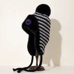 Original Outdoor Beige Coffee Energy Goose Stripes Kid's Knit Lei Feng Fur Hat Online for Sale