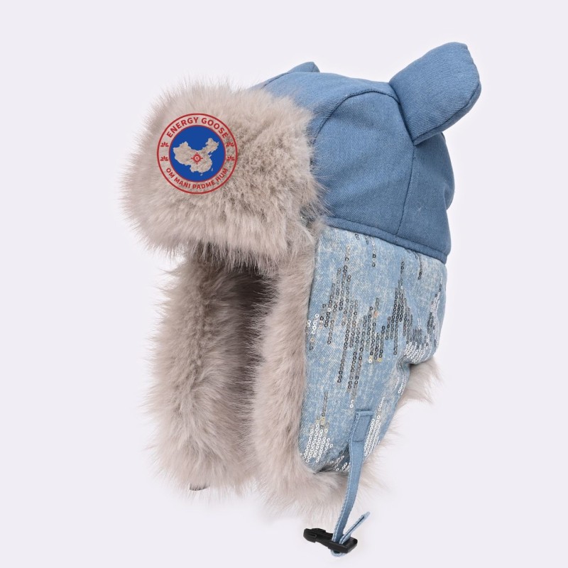 Original Outdoor Jean Light Blue Energy Goose Ear Paillette Kid's Lei Feng Fur Hat Online for Sale