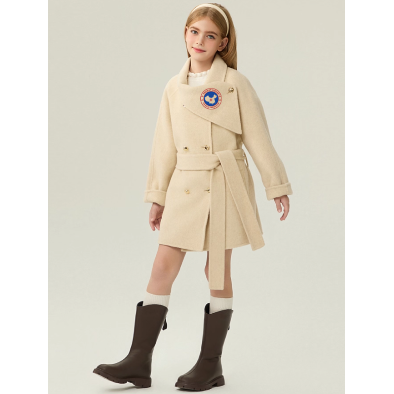 Fashion Elite Style Beige Energy Goose Belt Kid's Wool Coat Online for Sale