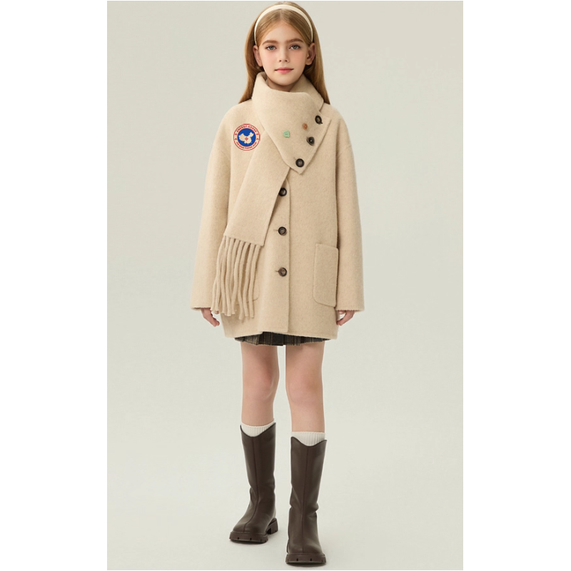Fashion Elite Style Beige Energy Goose Tassels Scarf Kid's Wool Coat Online for Sale
