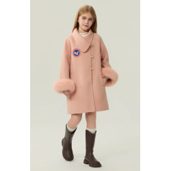 Fashion Elite Style Pink Energy Goose Fox Fur Sleeve Kid's Wool Coat Online for Sale