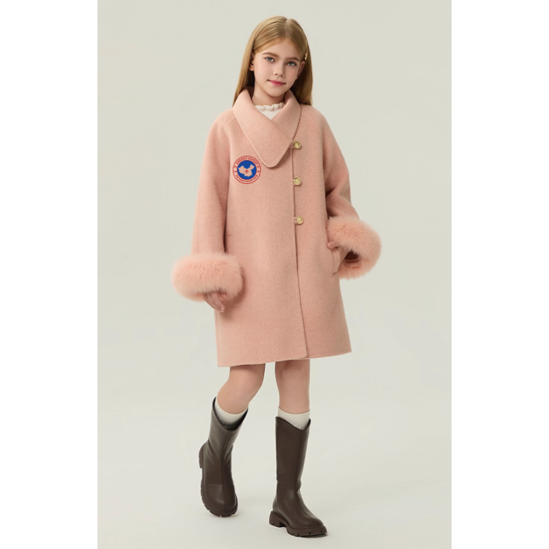 Fashion Elite Style Pink Energy Goose Fox Fur Sleeve Kid's Wool Coat Online for Sale