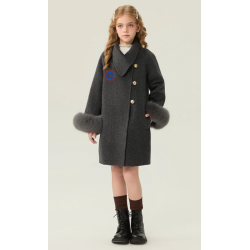 Fashion Elite Style Pink Energy Goose Fox Fur Sleeve Kid's Wool Coat Online for Sale