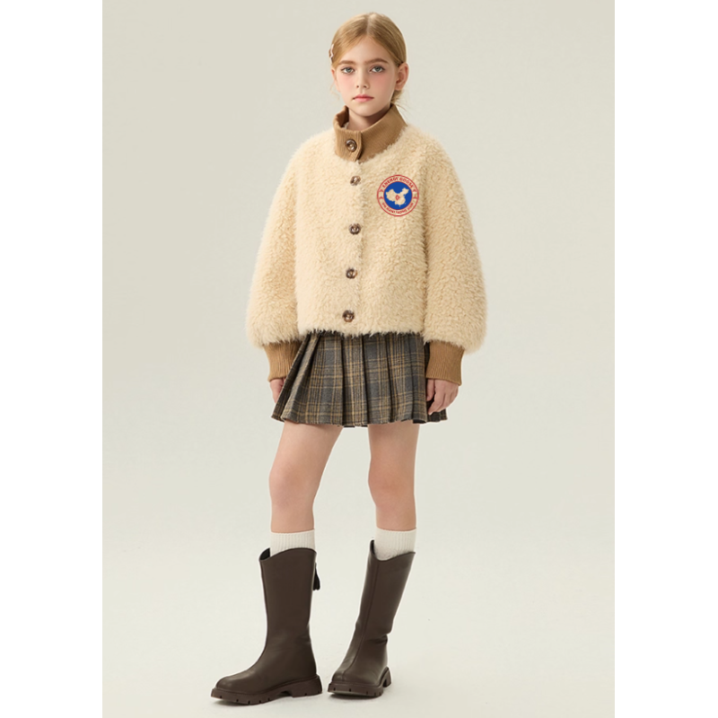 Authentic Beige Energy Goose Fashion Kid's Lamb Short Coat Elite Kids Online for Sale
