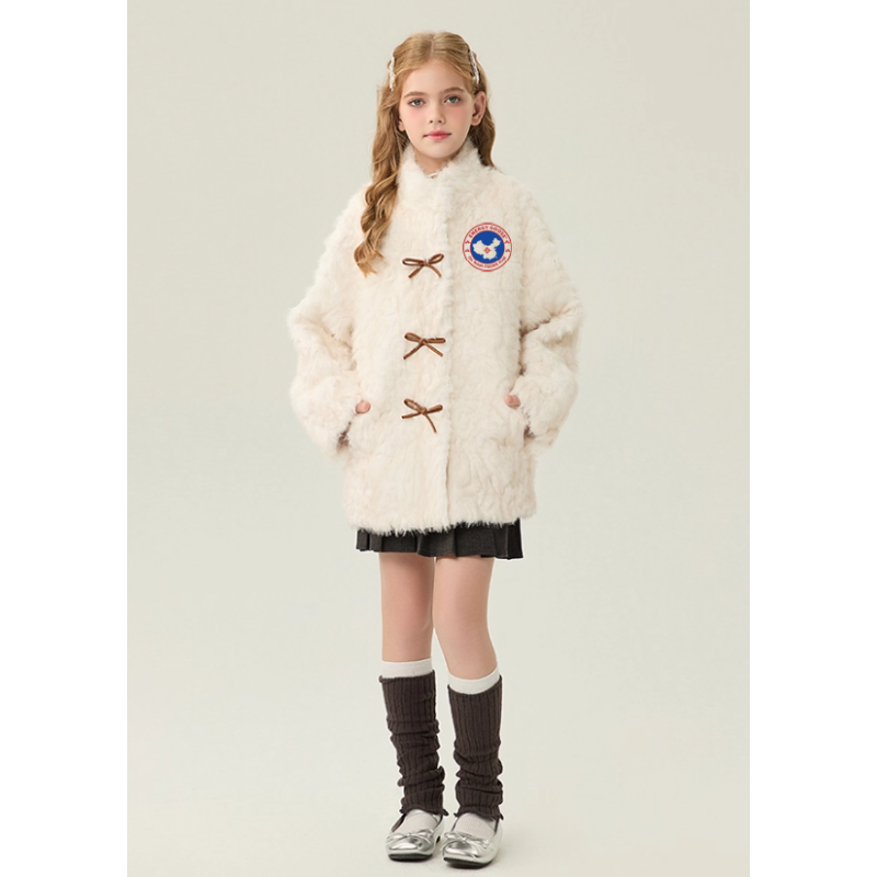 Authentic White Energy Goose Bowknot Kid's Lamb Short Coat Elite Kids Online for Sale