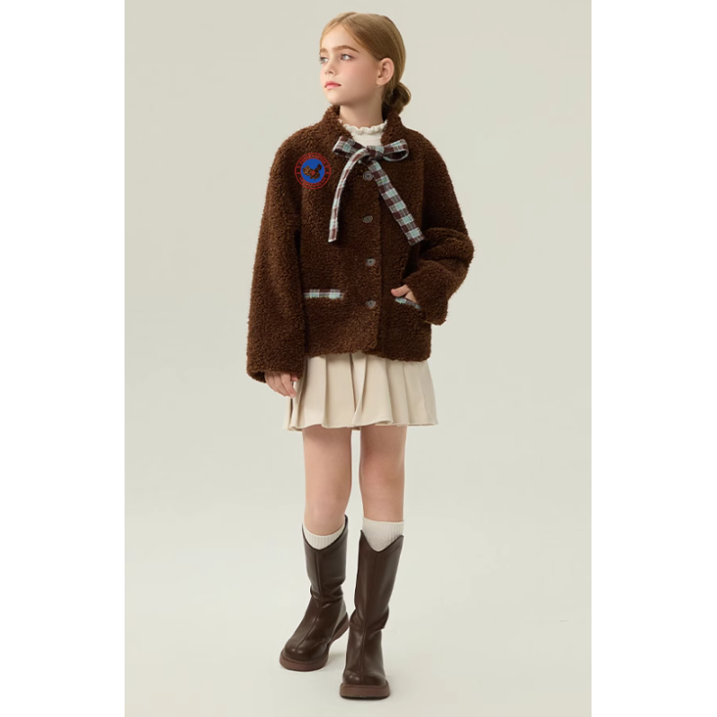 Authentic Chocolate Energy Goose Bowknot Kid's Lamb Short Coat Elite Kids Online for Sale