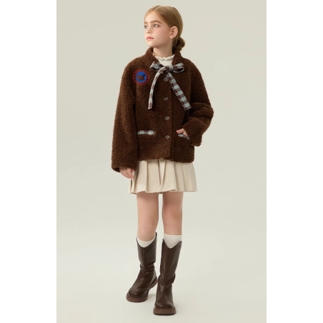 Authentic Chocolate Energy Goose Bowknot Kid's Lamb Short Coat Elite Kids Online for Sale